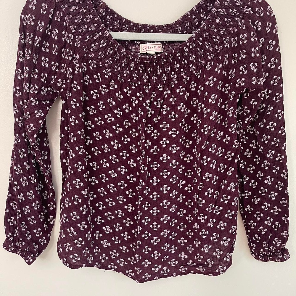 Cape Juby Burgundy Floral Smocked Off Shoulder Long Sleeve Peasant Blouse Small